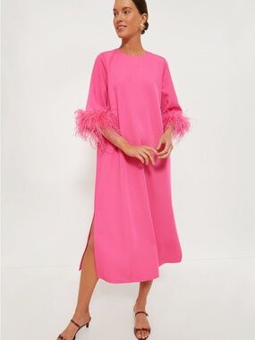 Bright Pink Feather Trim Midi Dress